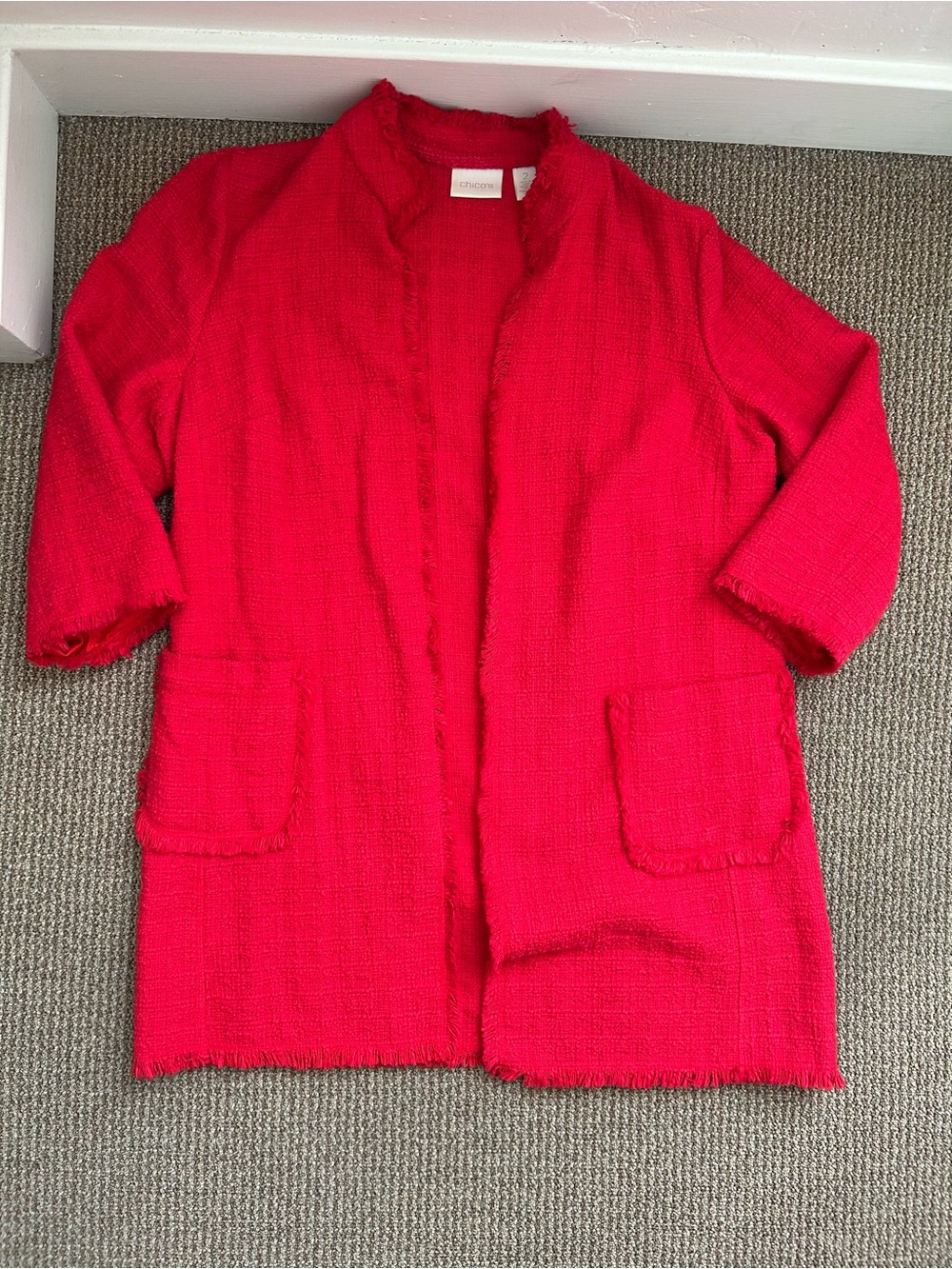 Chico’s Bright Red Open Front Bouclé Jacket